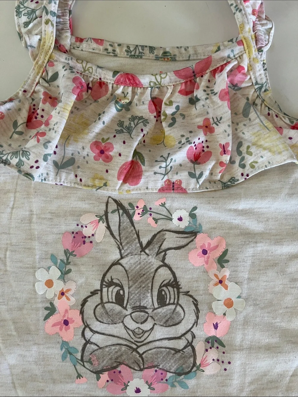Disney Beige Floral Bunny Pajama Set with Pink and Green Accents
